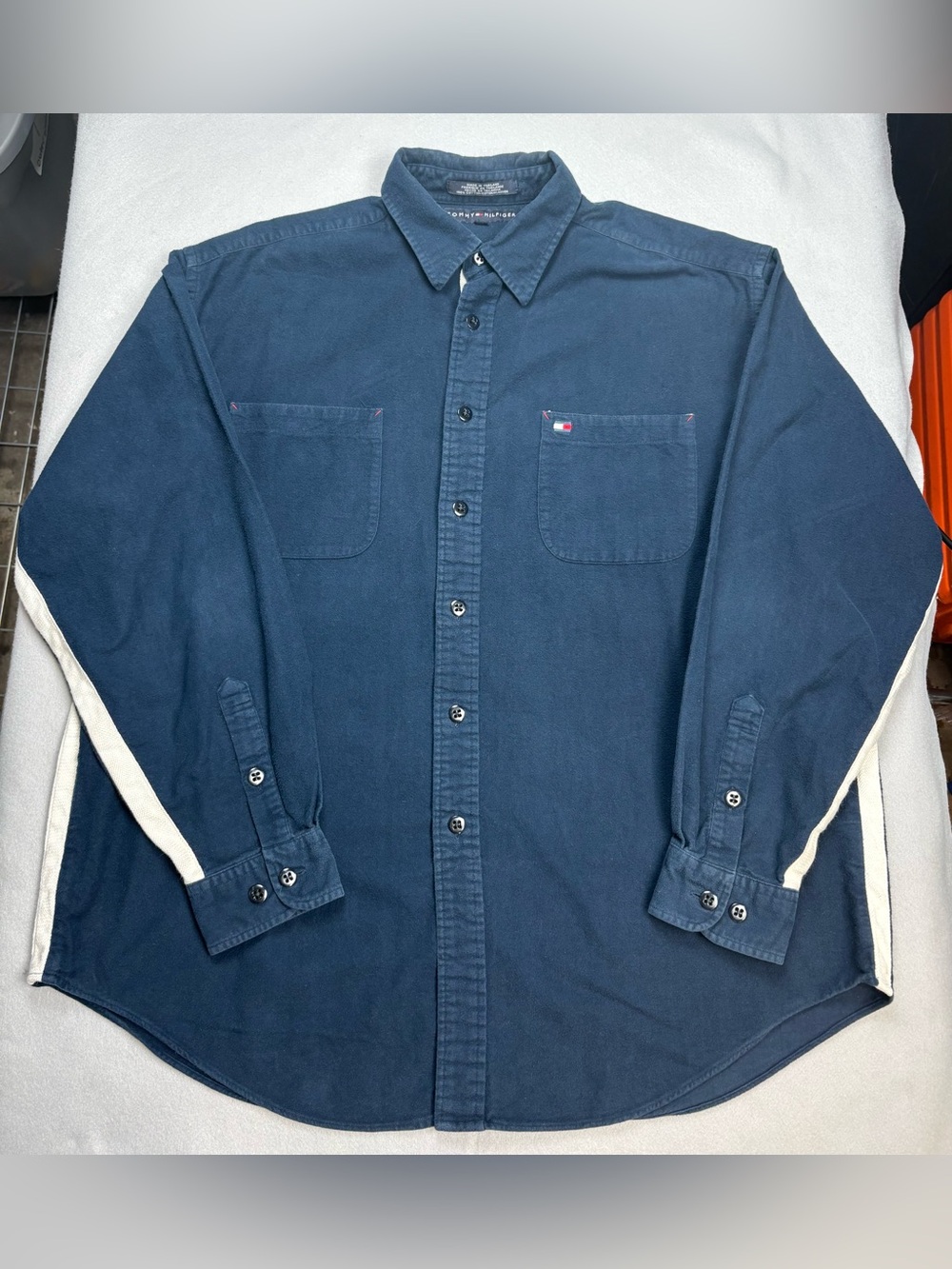 Vintage Y2K Tommy Hilfiger Side Stripe Button Up Shirt Mens Large Cotton Navy